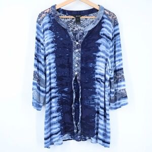 Ali Miles Tunic Top Womens XL Lace Details Blue Tie Dye 3/4 Sleeve Boho Flowey